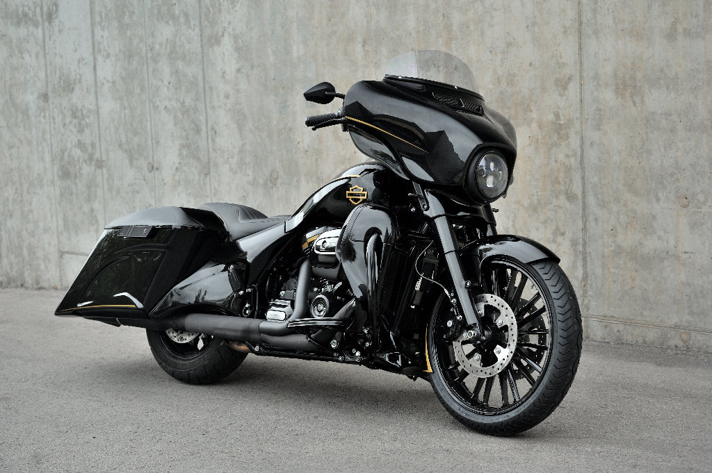 Harley Davidson Street Glide with magnus body kit pictured from front right side perspective