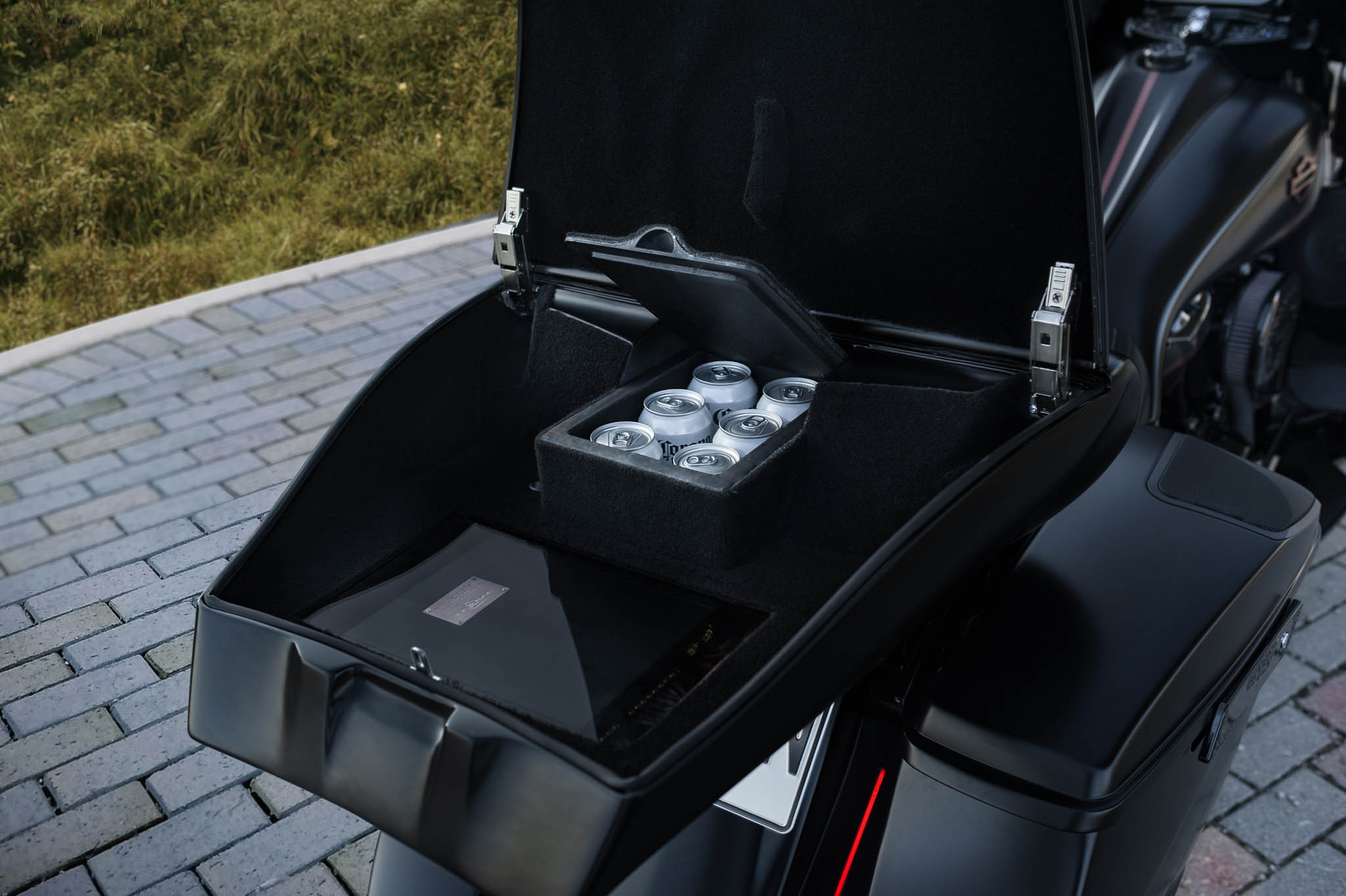 Harley Davidson Road glide custom tour pak with a refrigeration inside.