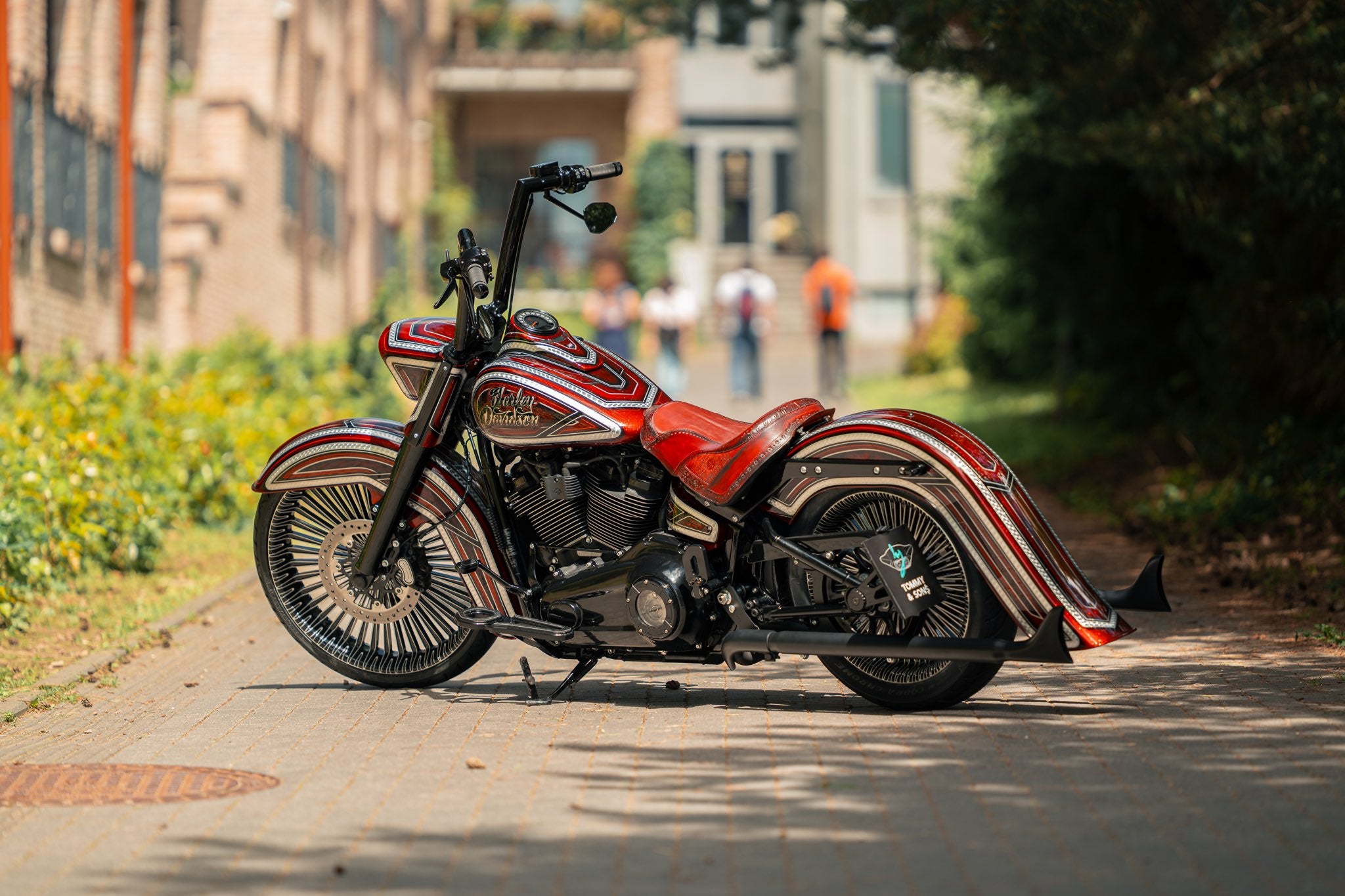 Custom chicano harley davidson motorcycle with stretched fenders