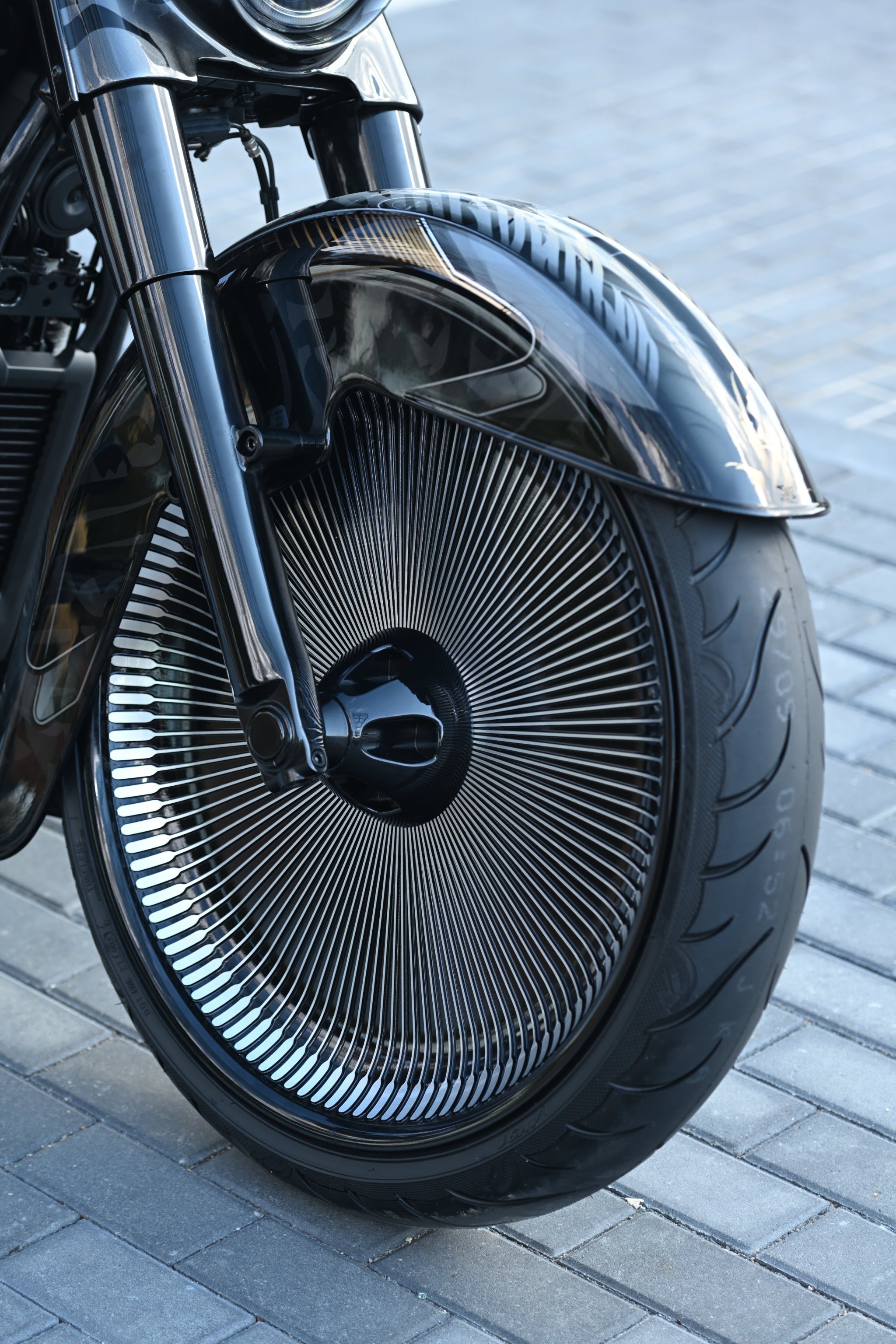 Chicano style front fender for Harley Davidson Softail 23" wheel on motorcycle perspective