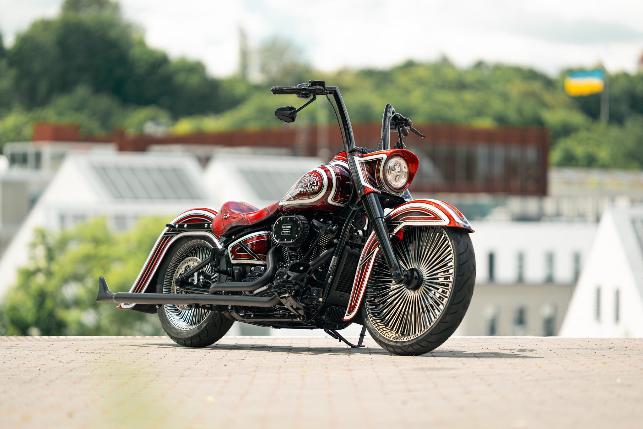 Chicano style harley davidson in a pictures scenarie