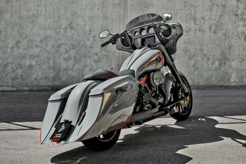 Rear perspective of custom Harley Davidson Street Glide with billow body kit by Tommy&Sons.