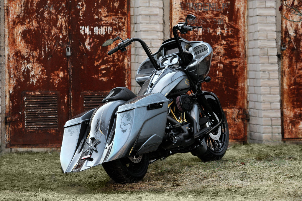 Rear side shot of harley davidosn road glide with custom bagger body kit by Tommy&Sons