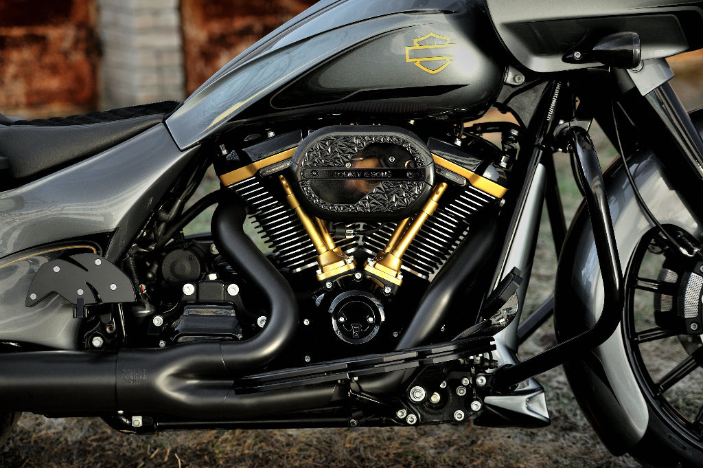 Harley davidson road glide engine with gold accents