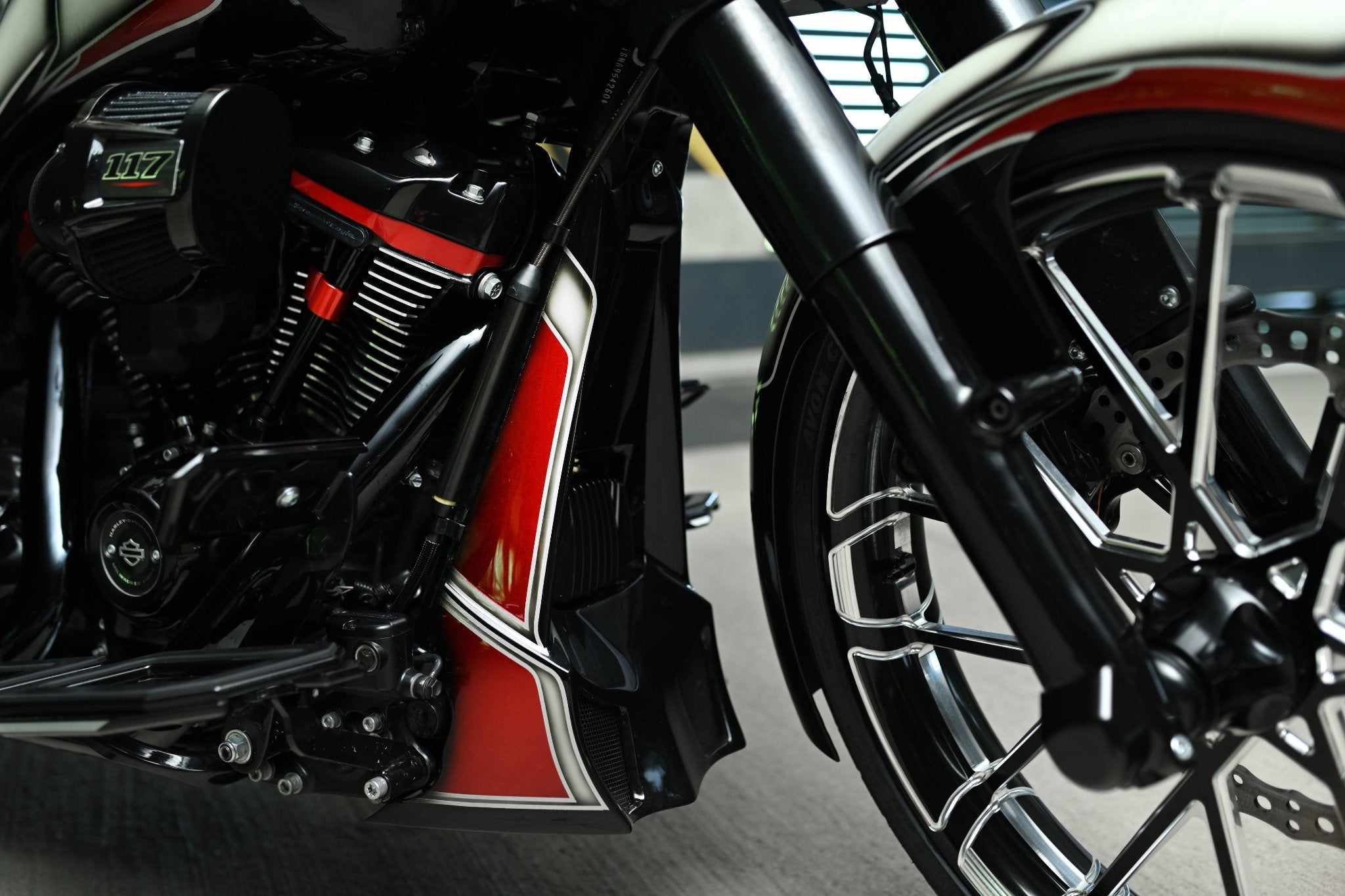 Hooligan series radiator cover for Harley Davidson Road Glide, Street Glide, Road King close up