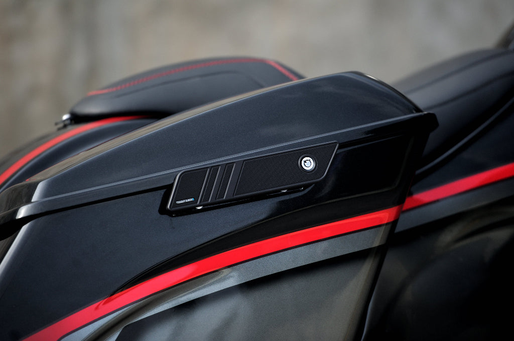 Black series latch covers for Harley Davidson Touring saddlebags.