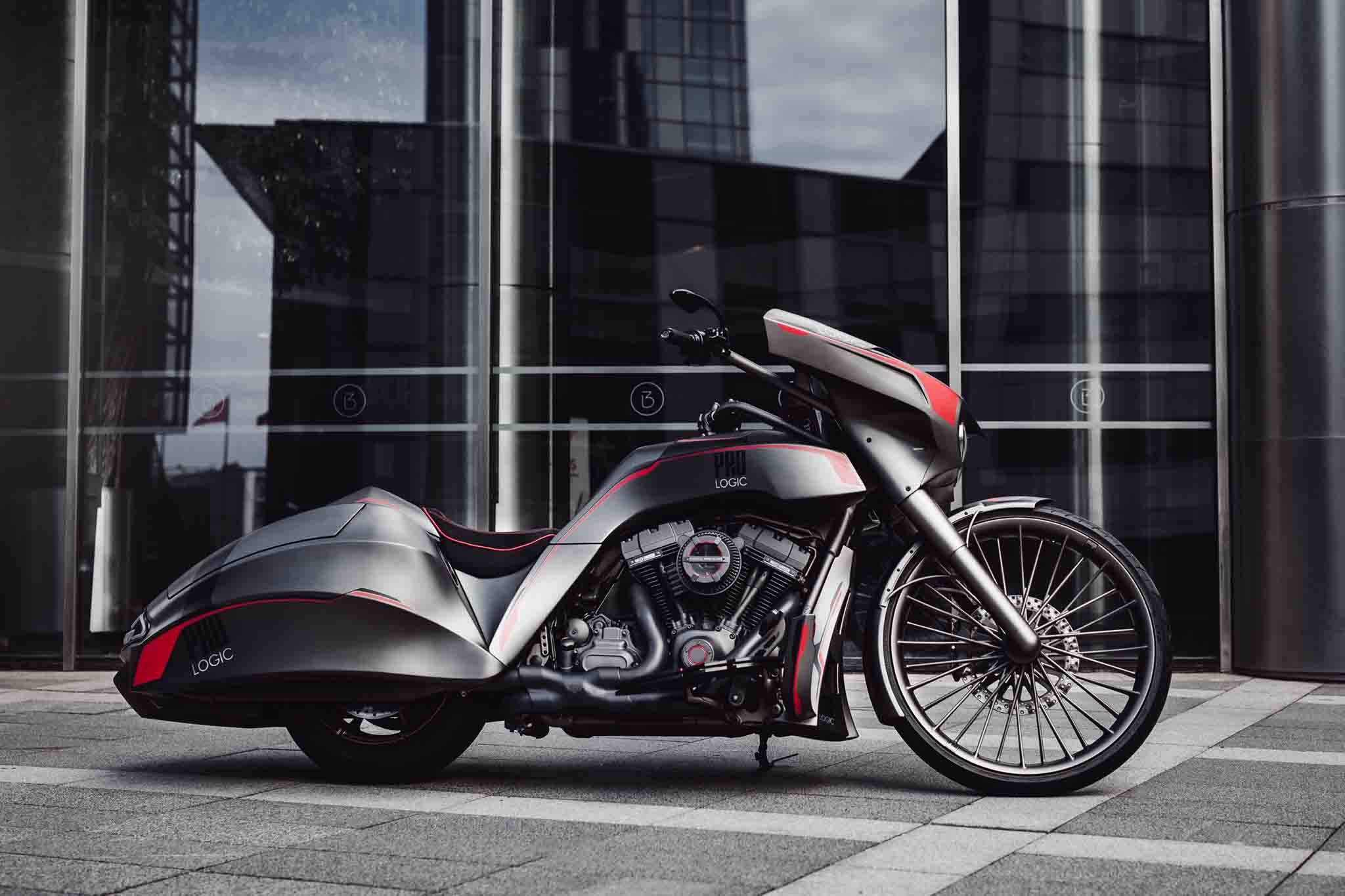 Side shot of custom harley davidson street glide future bagger