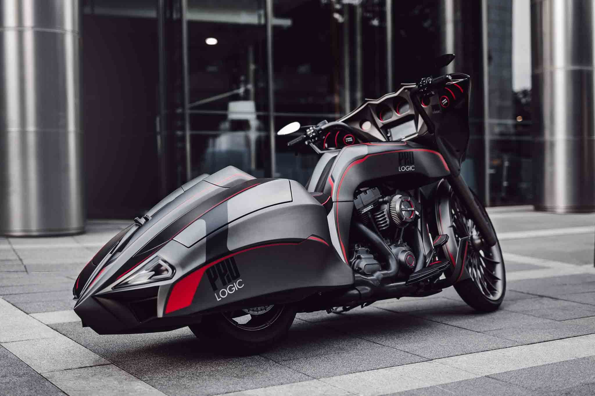 Rear shot of harley davidson street glide pro logic future bagger