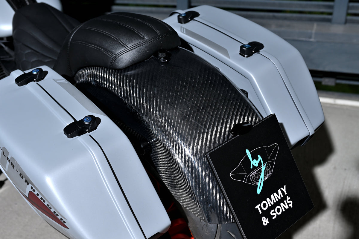 Close-up of a Harley Davidson Low Rider ST rear section featuring a black carbon fiber rear fender, white hard saddlebags, and a black custom license plate holder.