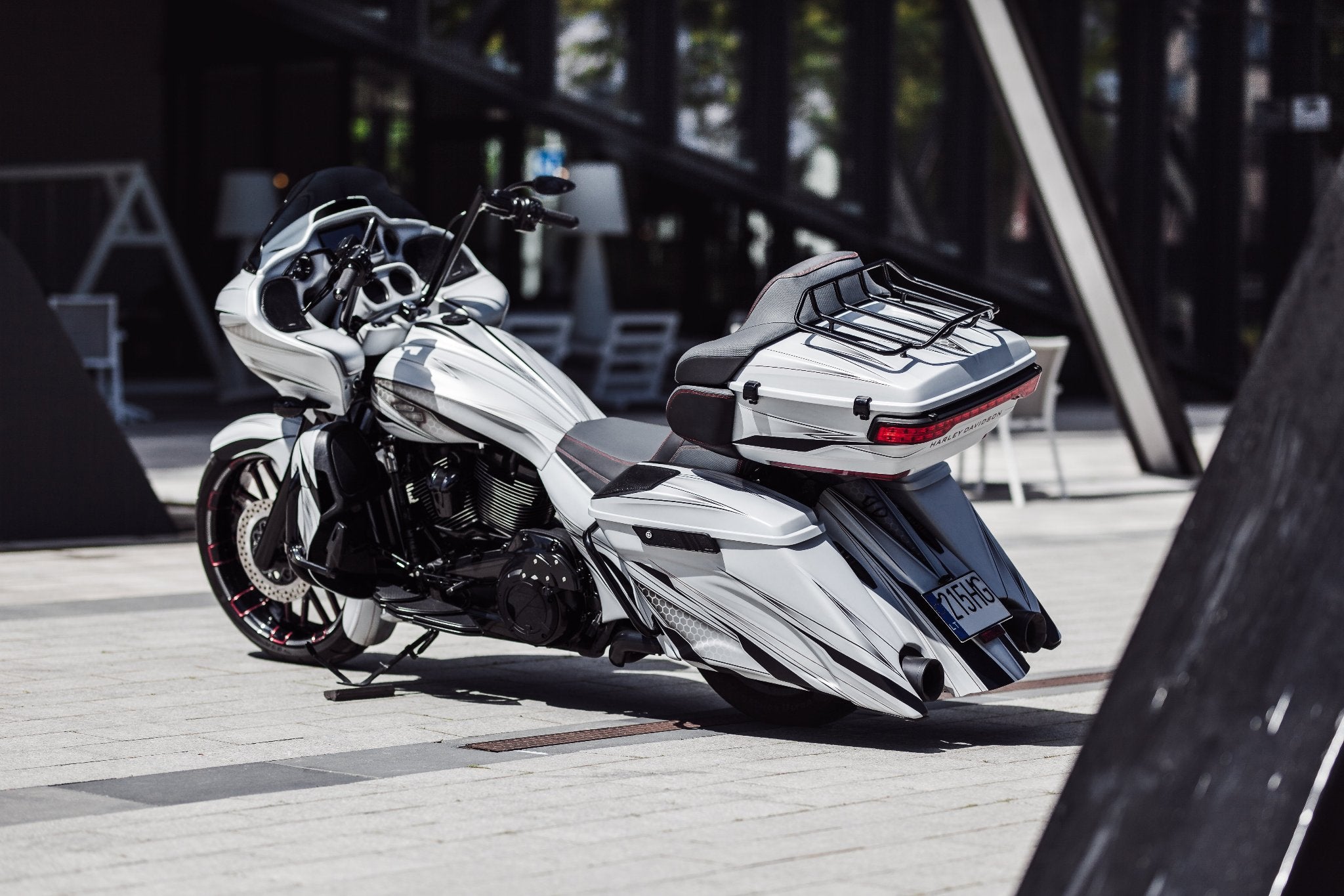 Harley Davidson Road Glide with Magnus stretched saddlebags and rear fender photographed from the rear left side.