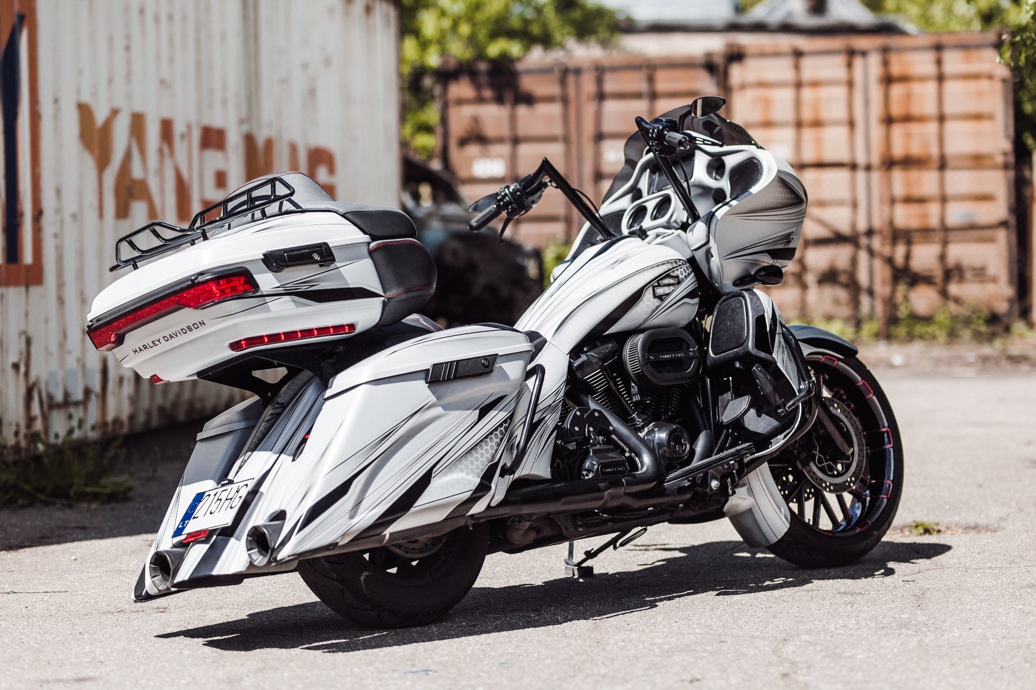 Harley Davidson Road Glide with Magnus stretched saddlebags and rear fender photographed from the rear right side.