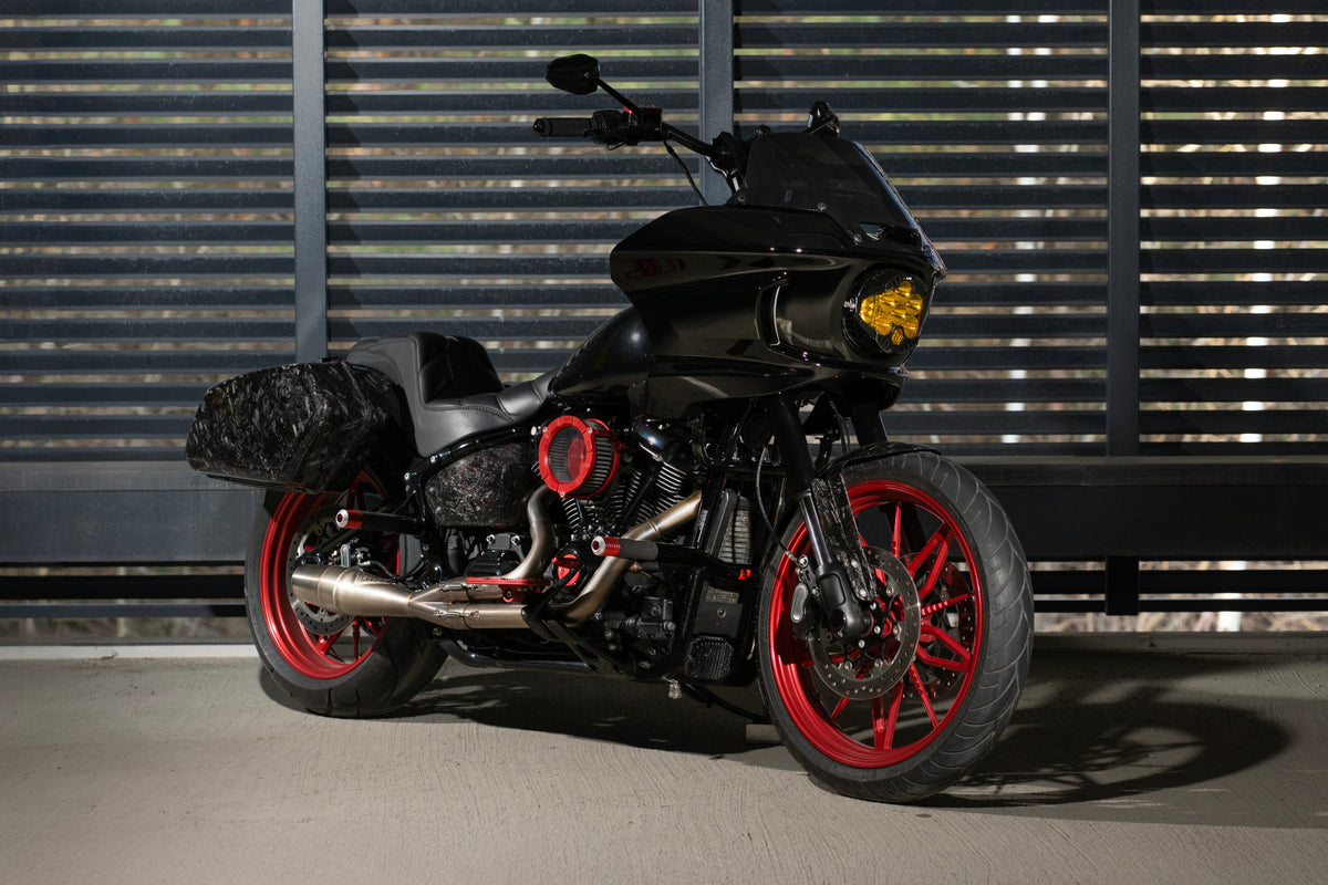 Forged Sinner V2 Harley-Davidson FXLRS custom build with black ST fairing, red Grater Spoke wheels and forged carbon fiber bodywork.