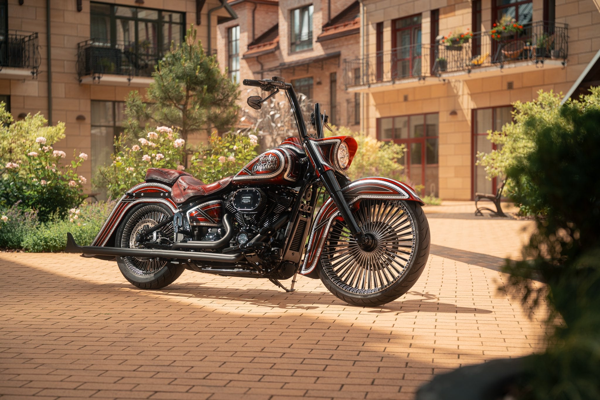 Harley Davidson Heritage Chicano style build with custom fenders and wheels.