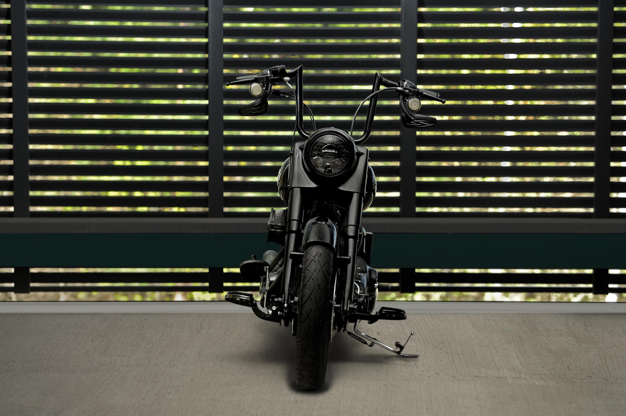 Custom Harley Davidson Softail Slim with ape hanger handlebars and road king nacelle pictured from front