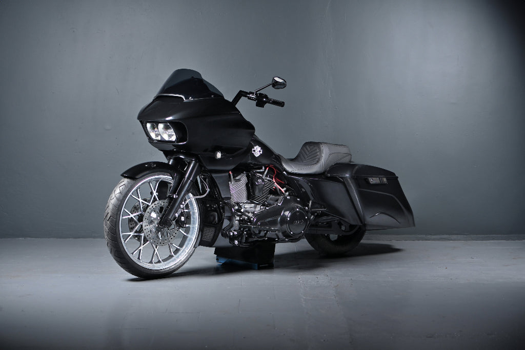 Harley Davidson Road Glide with a 23" prodigy front wheel and a wrapper front fender