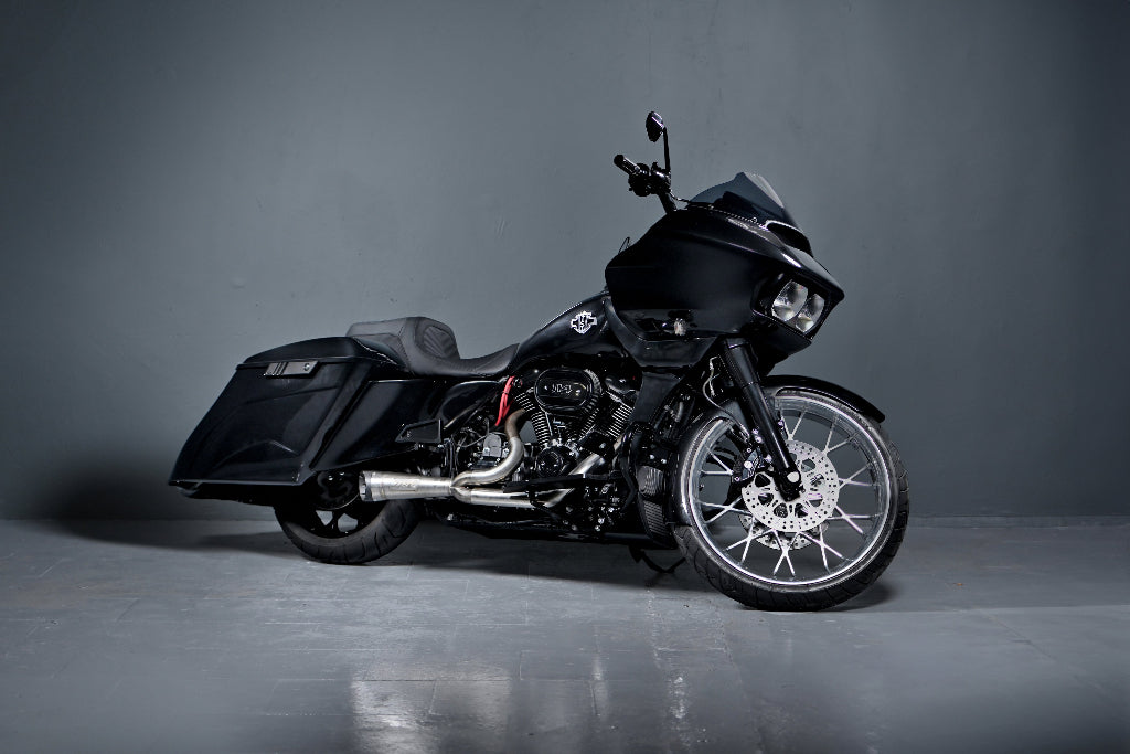 Harley Davidson Road Glide with custom body kit photographed from the left side