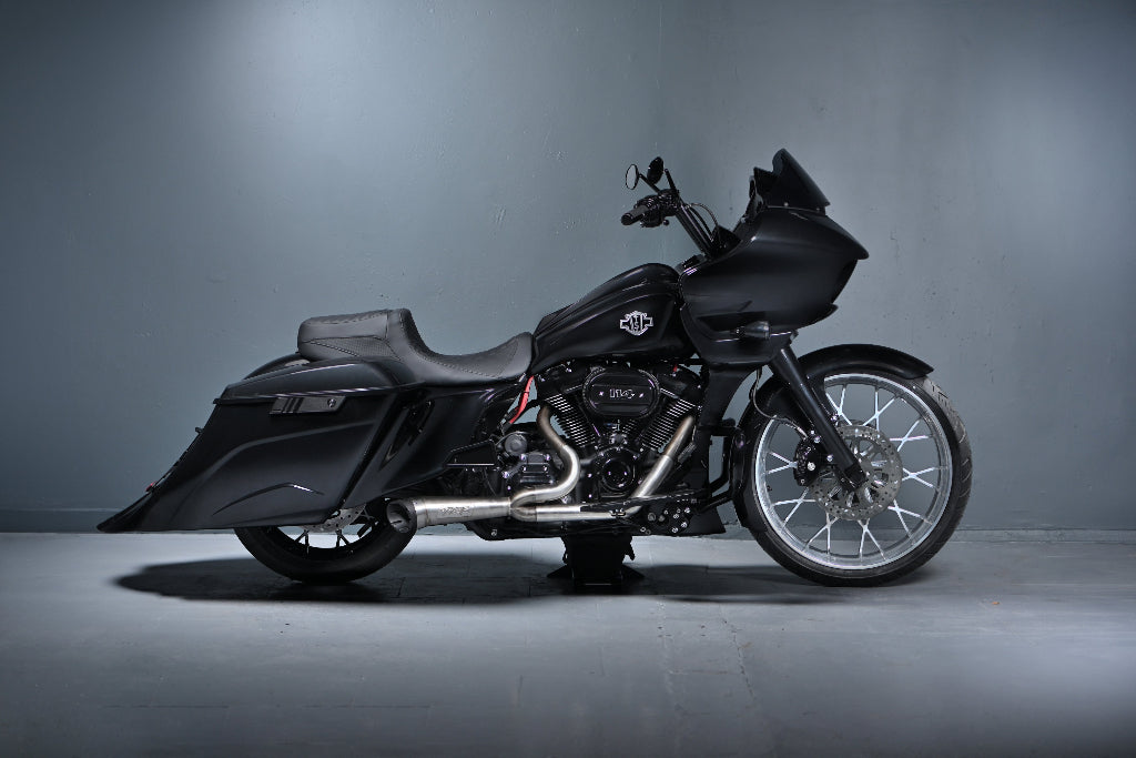 Side shot of Harley Davidson Road Glide bagger with a 23" wheel