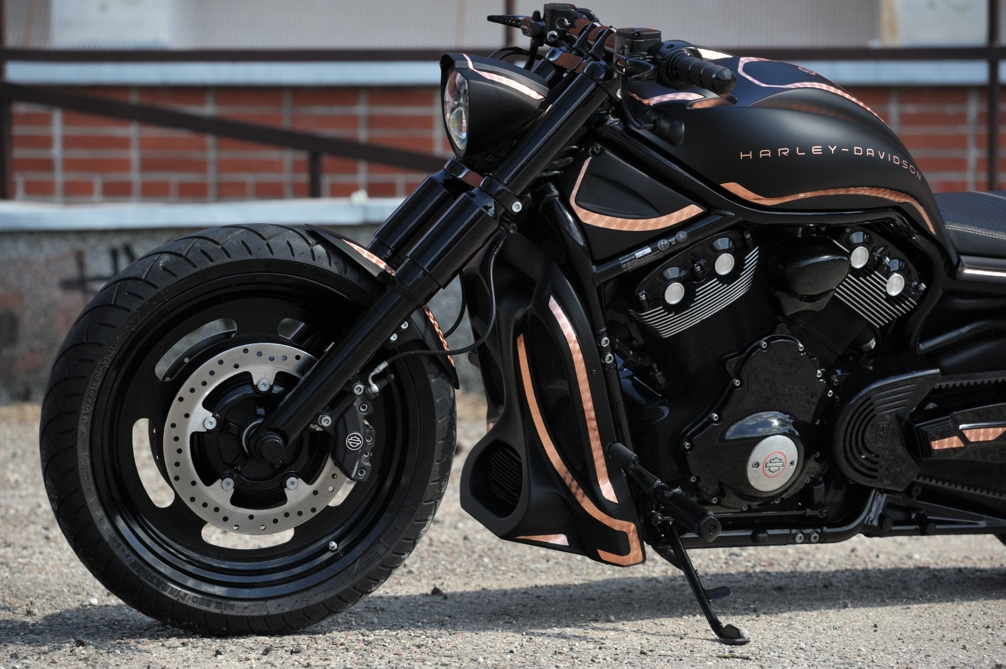 Harley Davidson Night Rod with custom headlight and radiator cover, photographed from the left side.