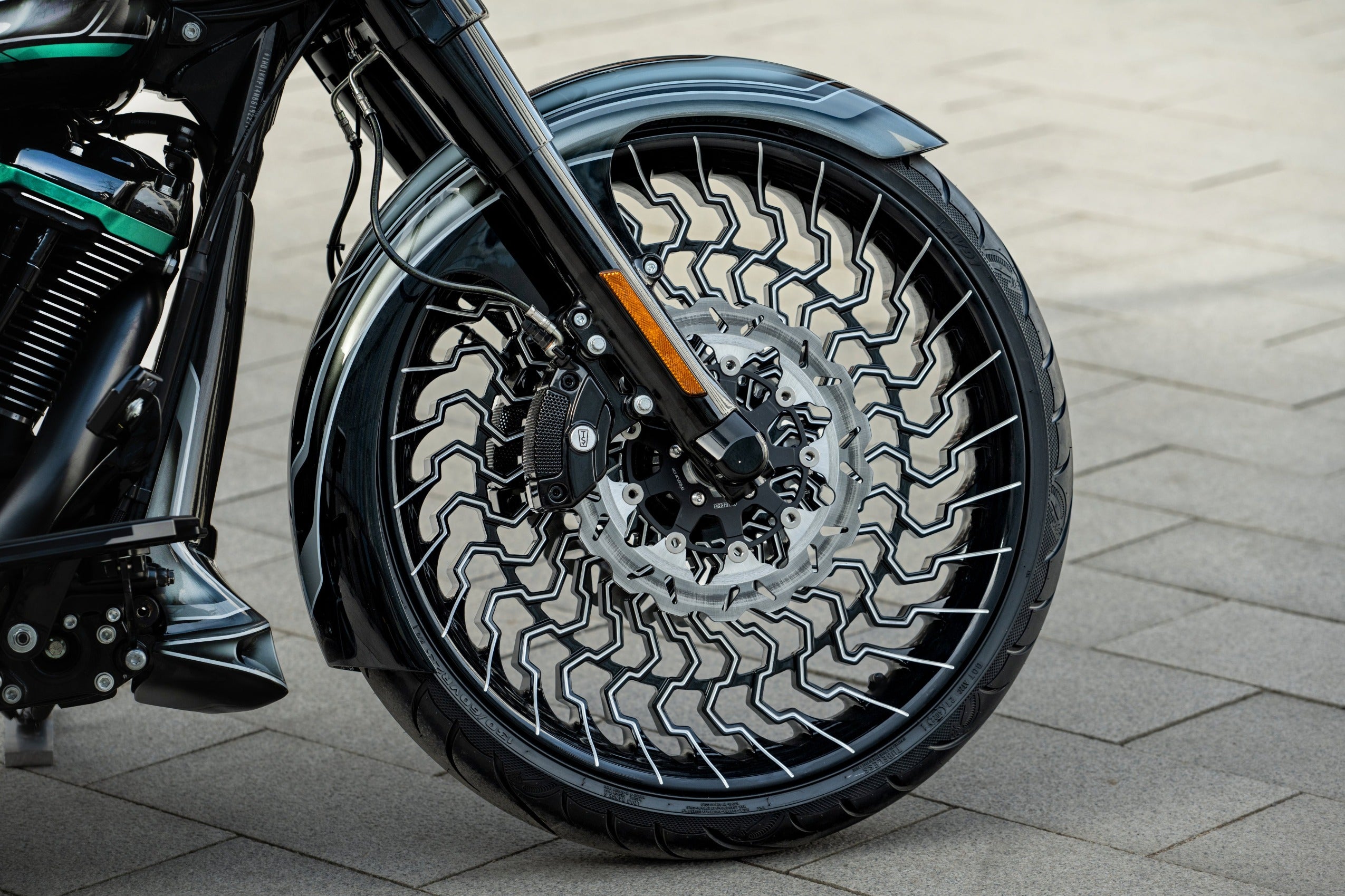 Vortex custom 23" wheel on motorcycle close up