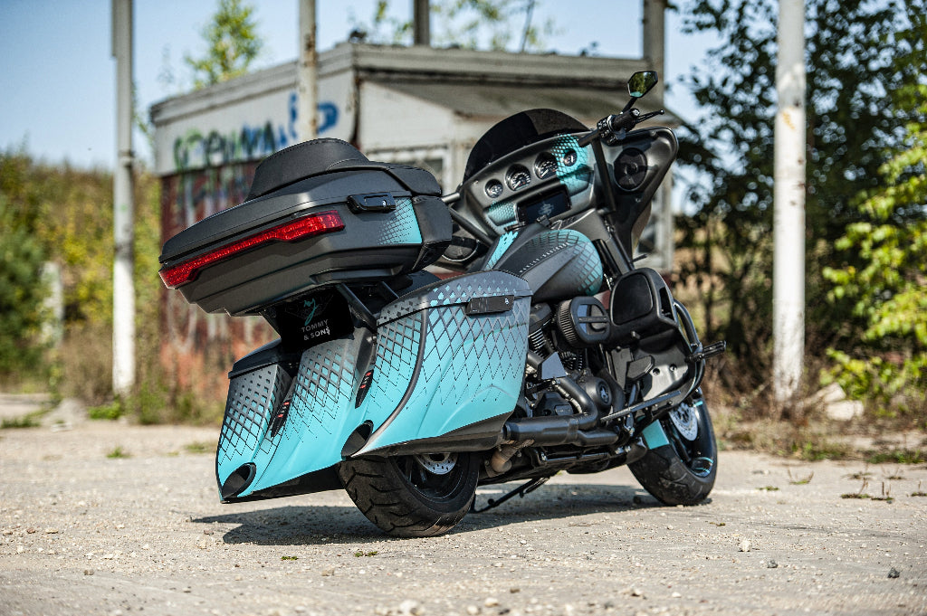 Harley Davidson Electra glide with stretched bagger style rear fender and saddlebags