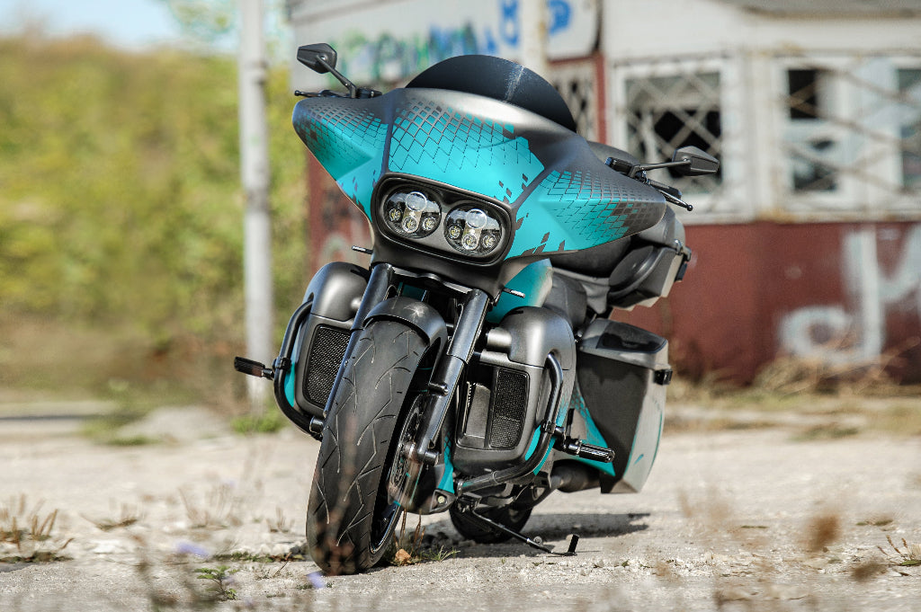 Custom Harley Davidson Road Glide with modified fairing and fat 21" front wheel kit