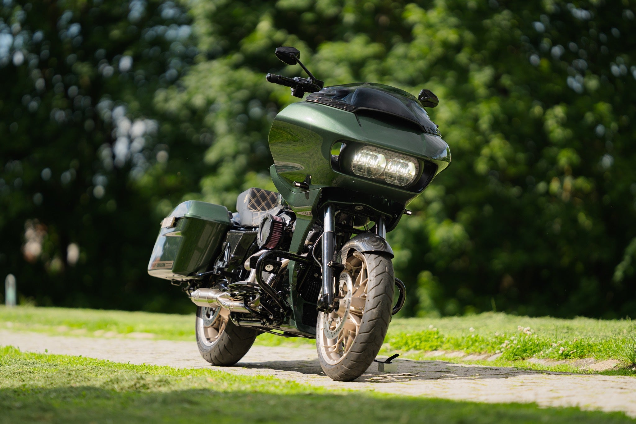 Harley Davidson Road Glide Performance bagger in a forest suroundings