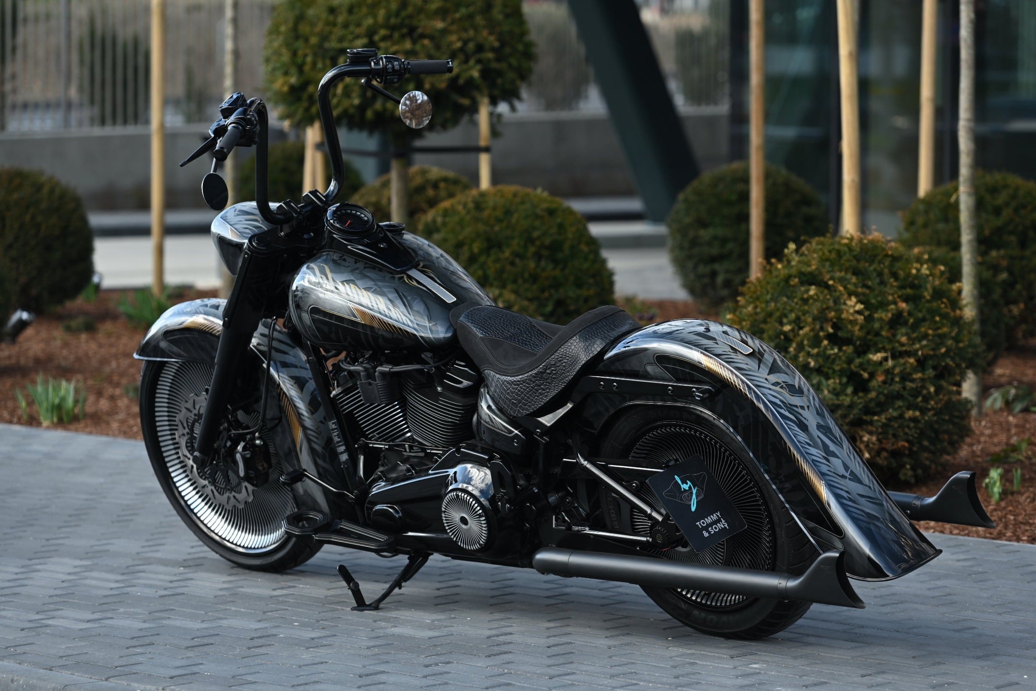 Harley Davidson Softail Chicano style rear fender motorcycle perspective