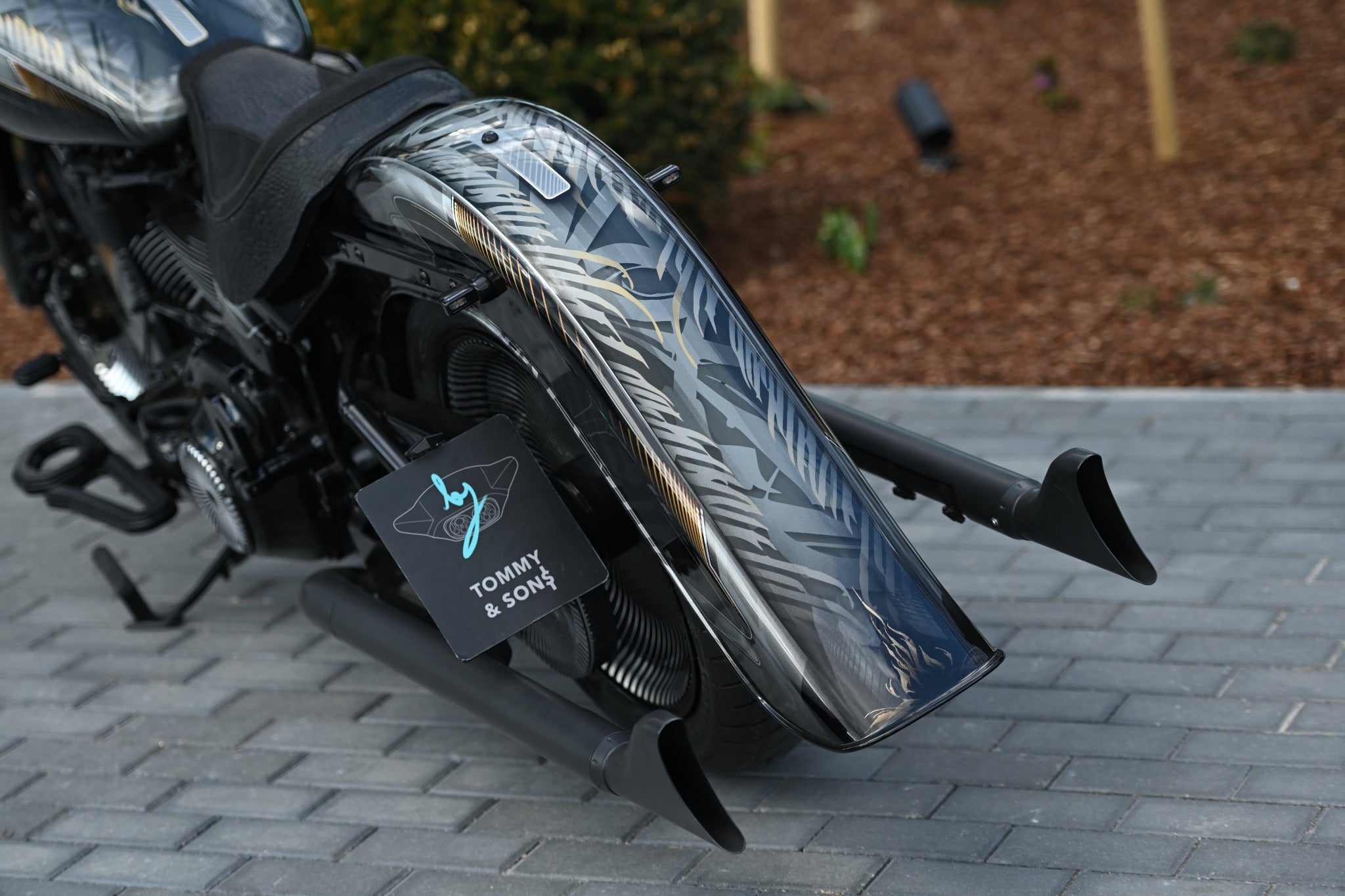 Harley Davidson Softail Chicano style rear fender motorcycle perspective close up