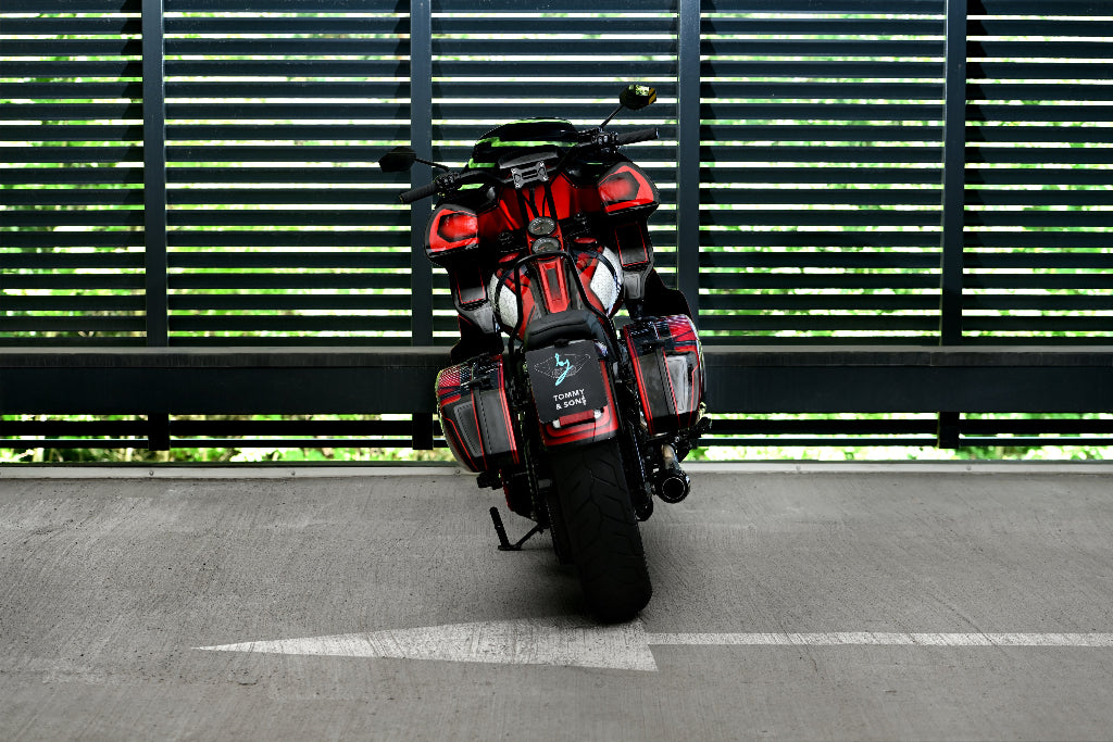 Clubstyle FXLRS softail with inception series saddlebag and FXR style fairing pictured from rear