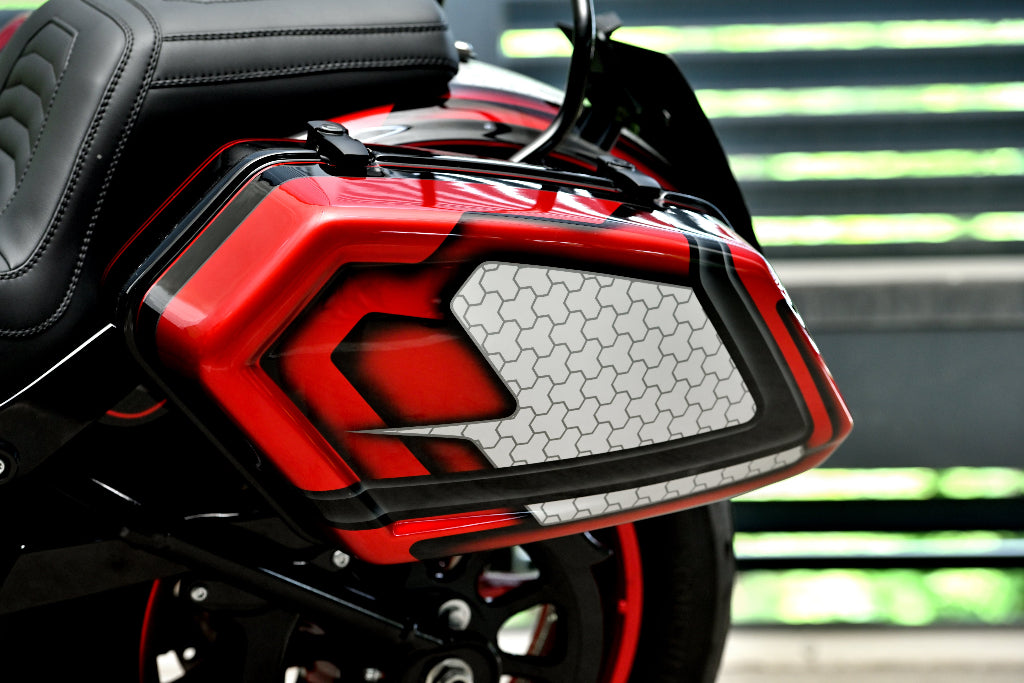 Inception series saddlebags for Harley Davidson Softail and Dyna models.