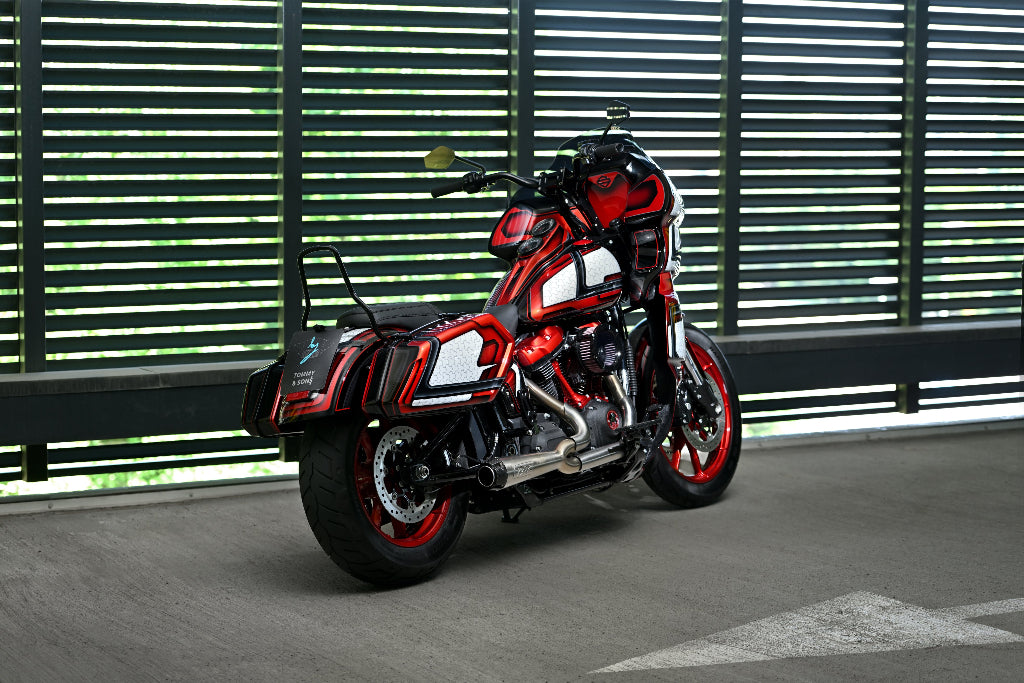 Rear perspective picture of Harley Davidson Low Rider S FXLRS with club style fairing and saddlebags.