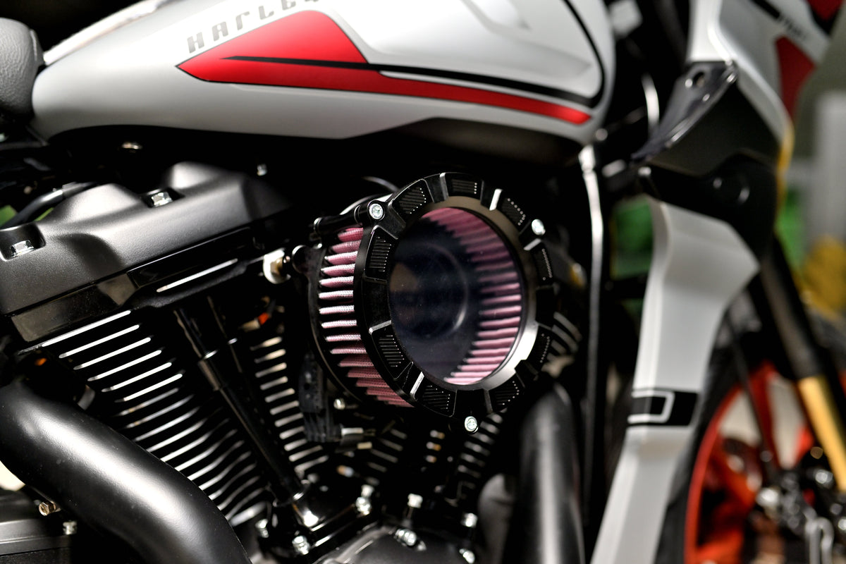 Close-up of a motorcycle engine with a circular air filter featuring a pink and black pleated cone inside a black bezel, mounted on a silver and black Harley-Davidson motorcycle.