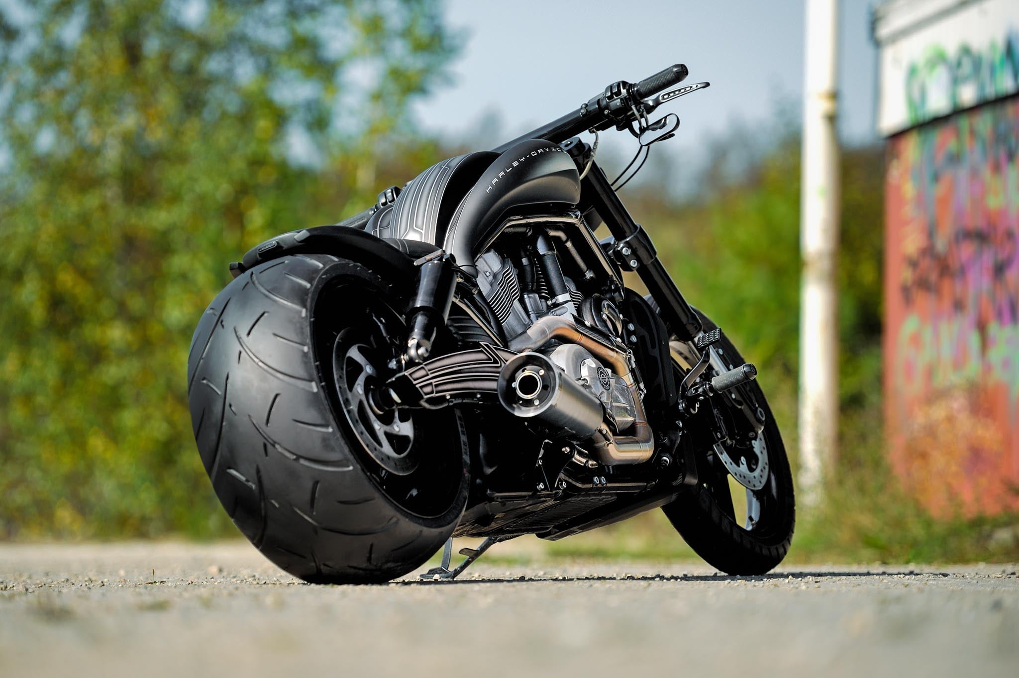 Custom Harley Davidson V-Rod Muscle with a custom rear fork and a 280 rear tire photographed from the rear right side. 