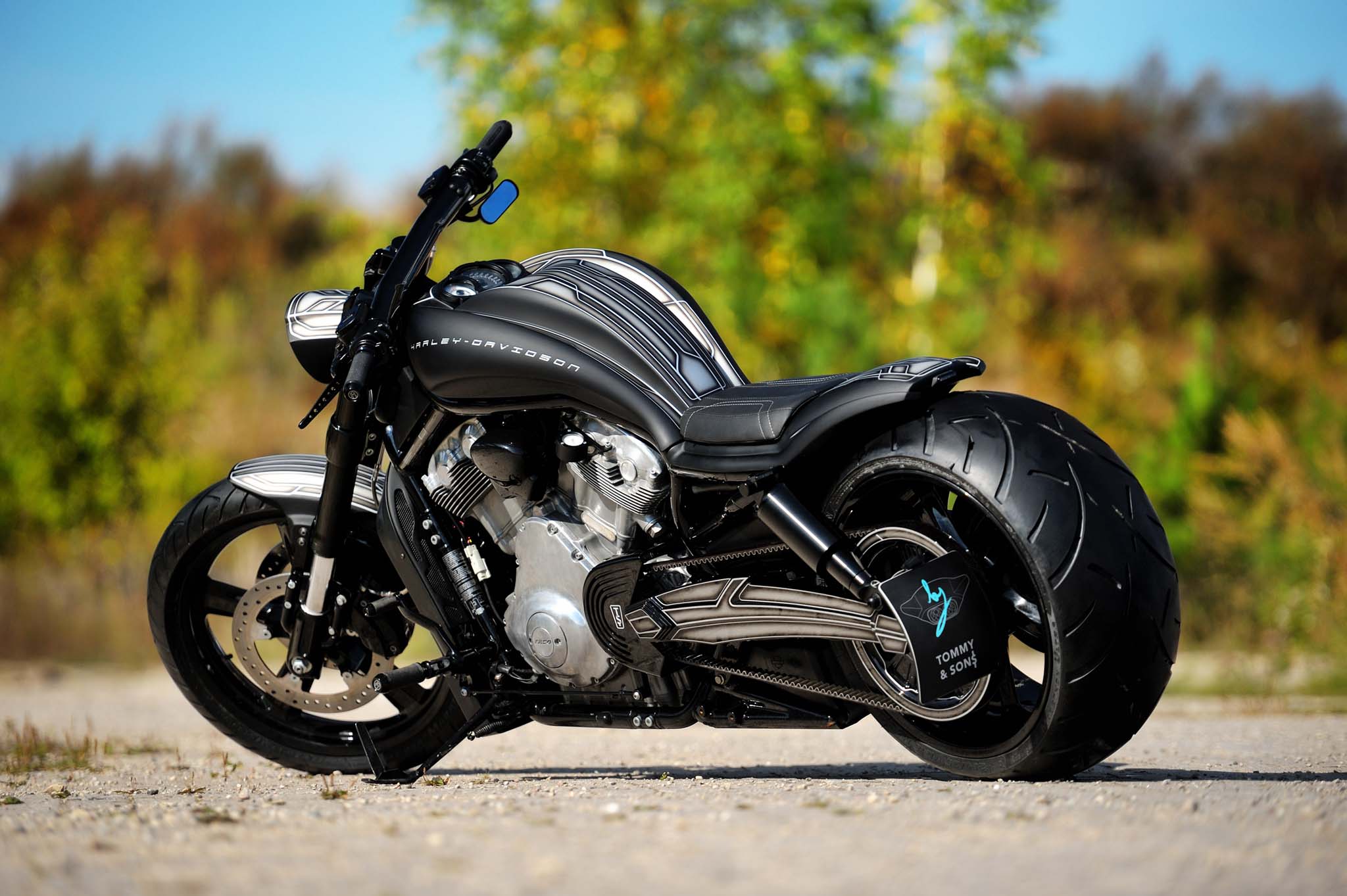 Harley Davidson V-Rod with 280 rear tire and custom Tommy&Sons photon series body kit photographed from the left rear. The photo also shows the custom CNC machined rear fork and a number plate holder with Tommy&Sons logo.