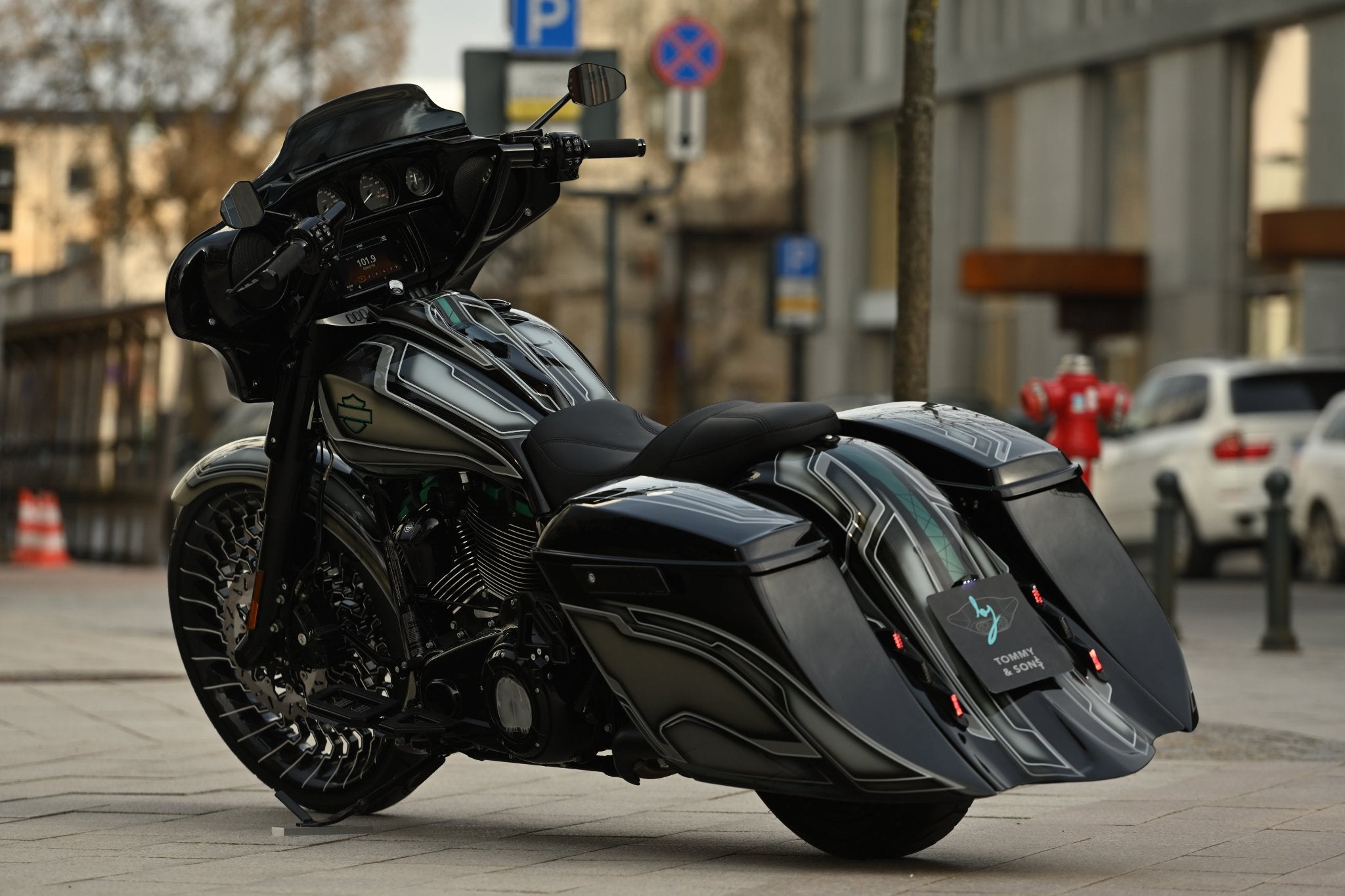 Vortex custom Harley Davidson Street Glide with billow stretched rear fender and saddlebags photographed from rear